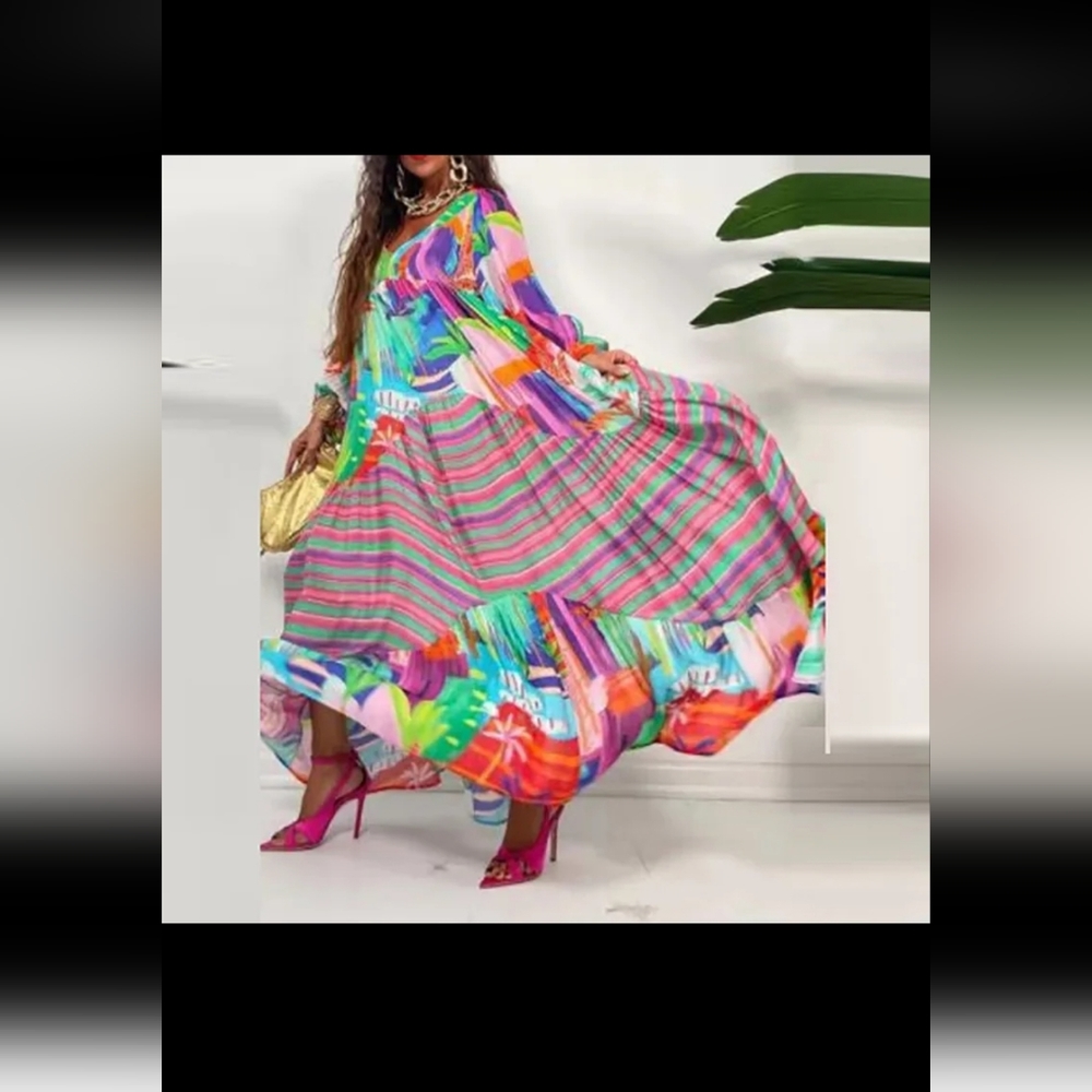 Xpluswear  Beach Stripe All over print swing skirt lantern sleeves maxi dress.